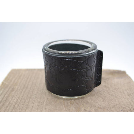 Kaarsenhouder voor theelicht. Glas en croco zwart leer