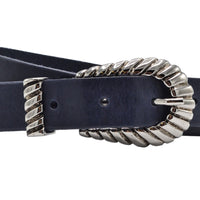 trendy smalle blauwe riem met uitgewerkte gesp. 