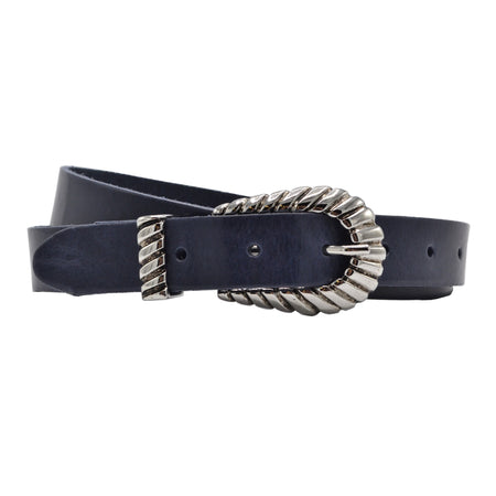 trendy smalle blauwe riem met uitgewerkte gesp. 