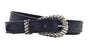 trendy smalle blauwe riem met uitgewerkte gesp.