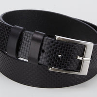Stoere zwarte riem met gave print.