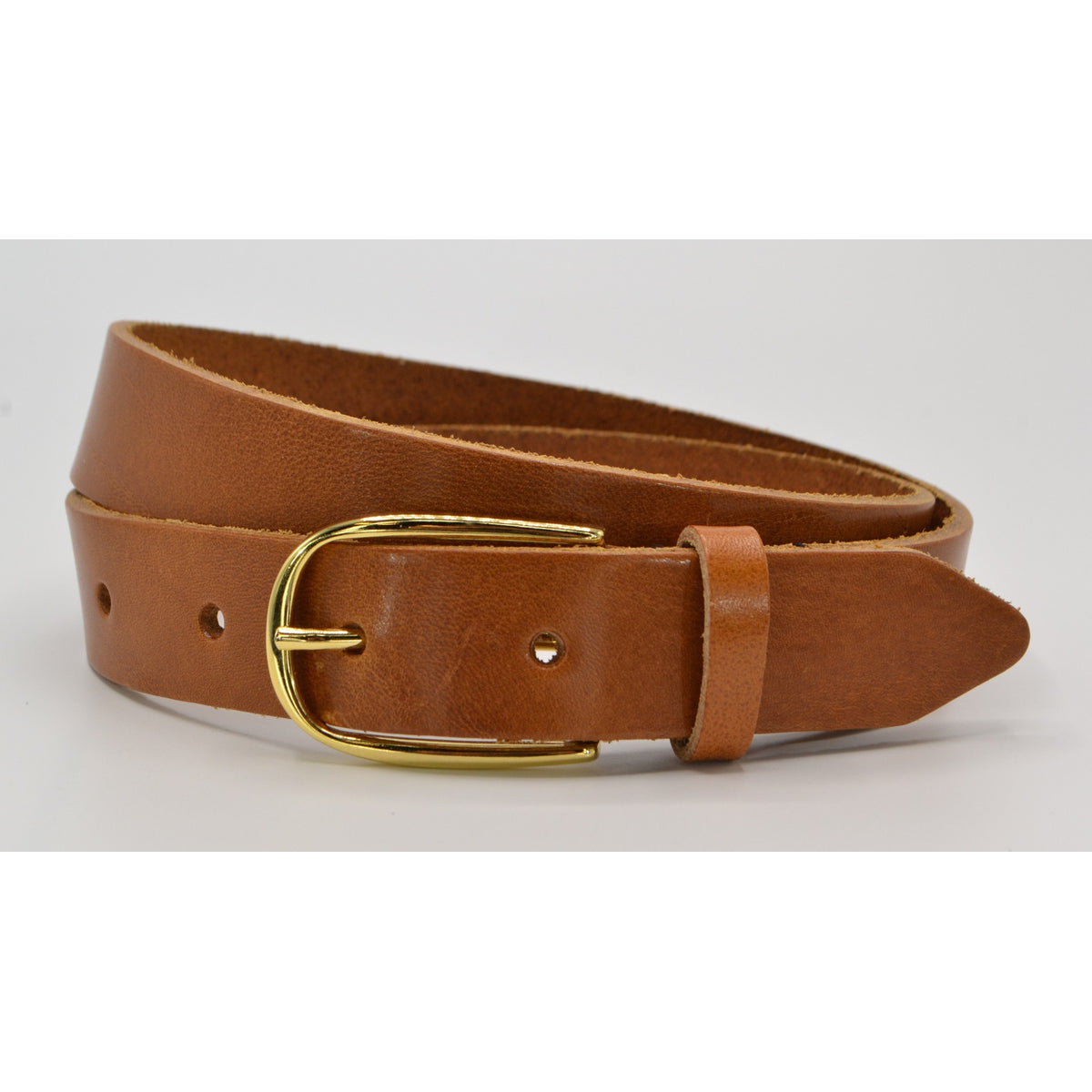 Cognac 3cm brede riem met gouden gesp.