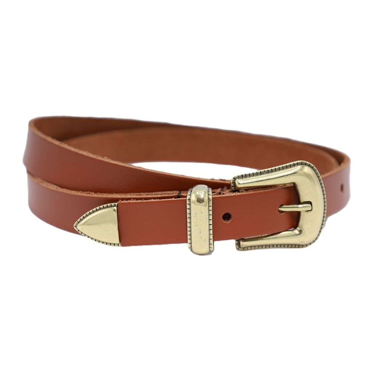 Cognac smalle riem met western uitstraling.