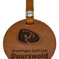Kofferlabel rond cognac leer