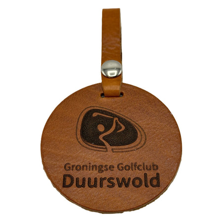 Kofferlabel rond cognac leer