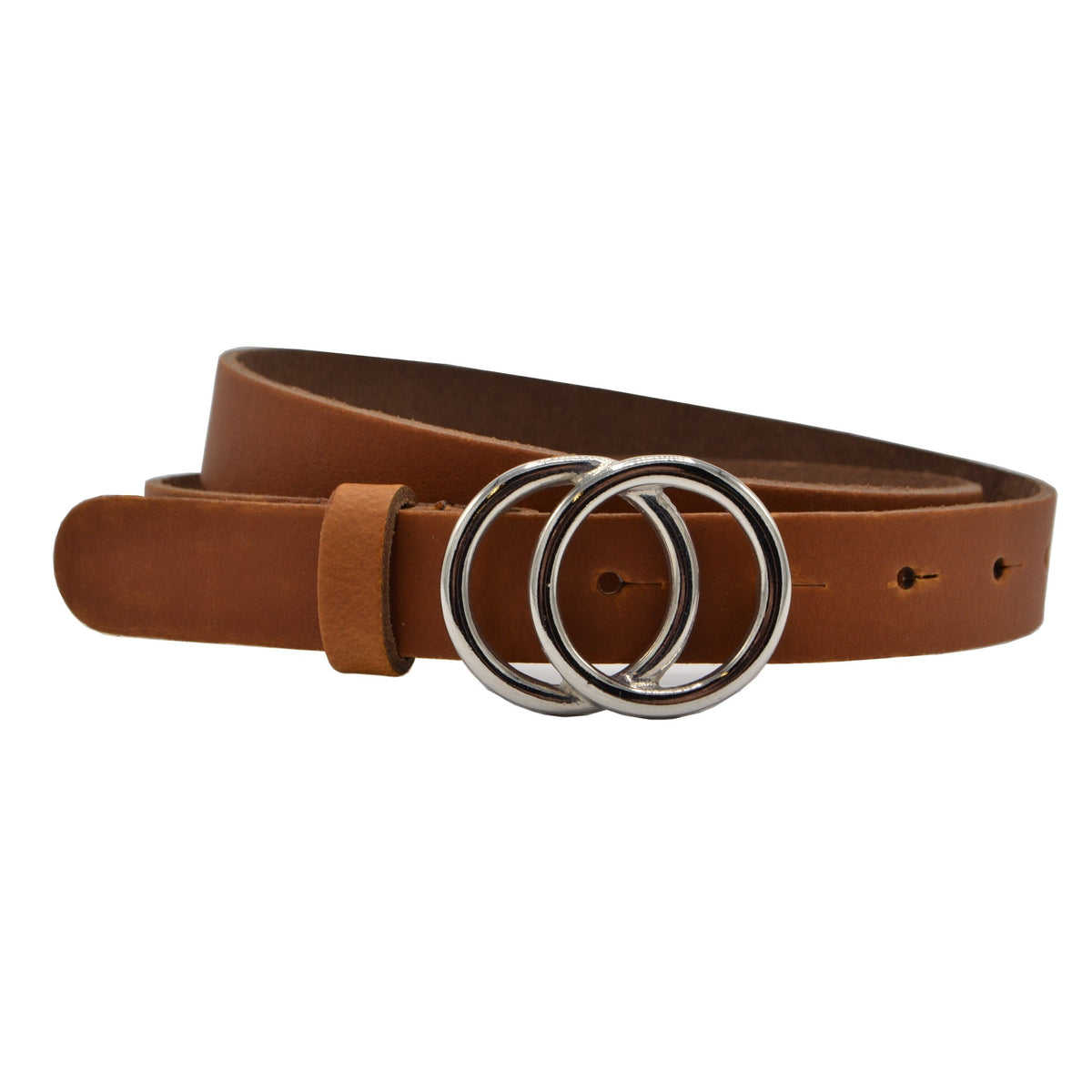 2.5cm brede cognac riem met zilver kleurige gesp.  