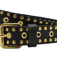 Zwarte soepele riem met gouden ringen en studs