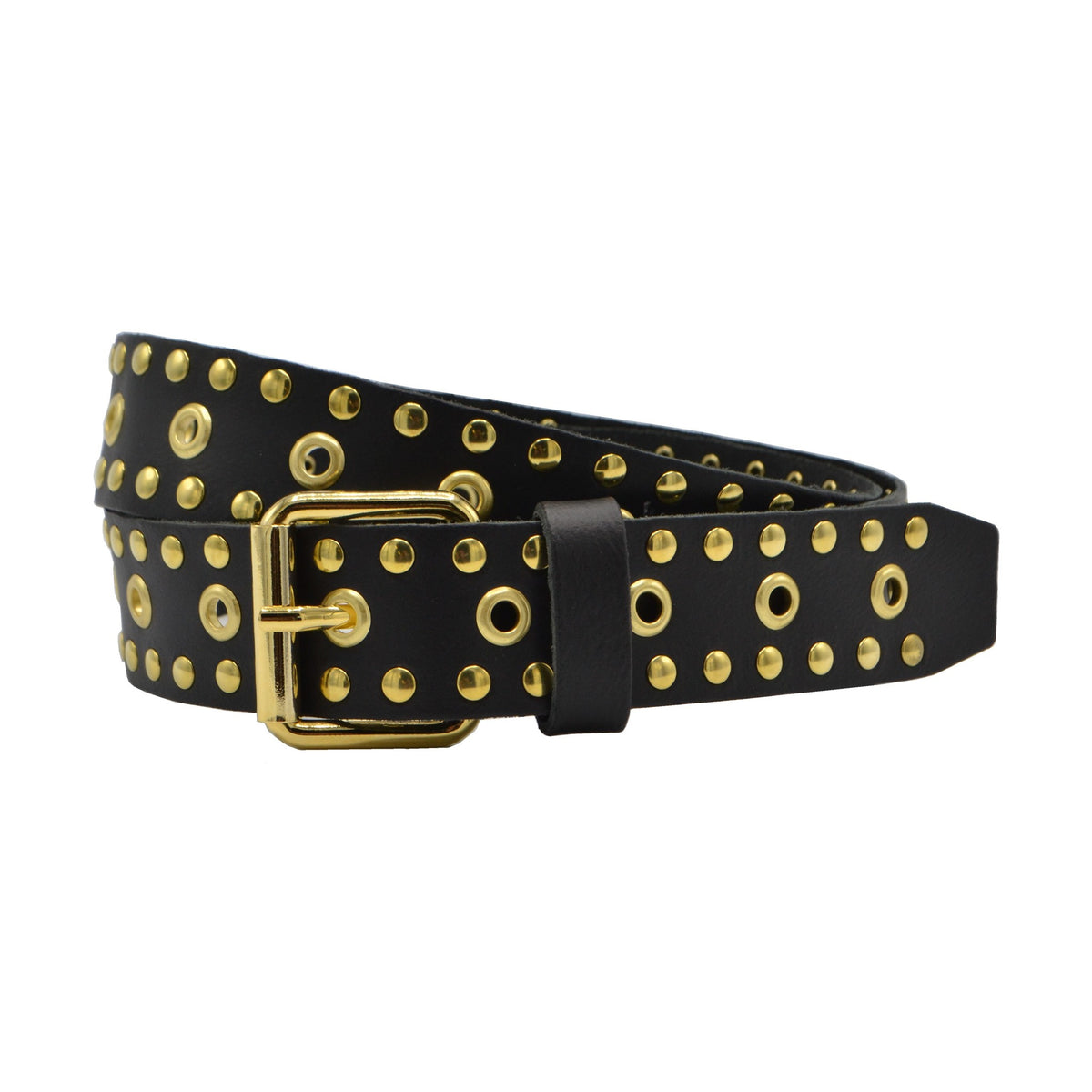 Zwarte soepele riem met gouden ringen en studs