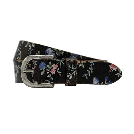 3.5cm brede zwarte leren riem met bloem foliedruk