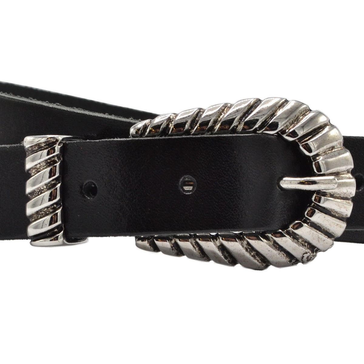 trendy smalle zwarte riem met uitgewerkte gesp. 