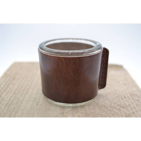 Kaarsenhouder voor theelicht. Glas en bruin leer