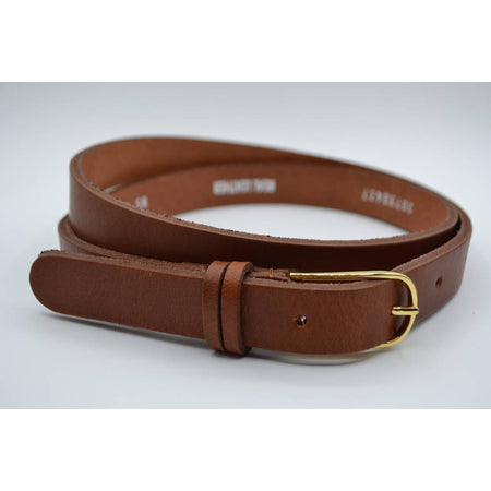 smalle cognac damesriem met gouden gesp