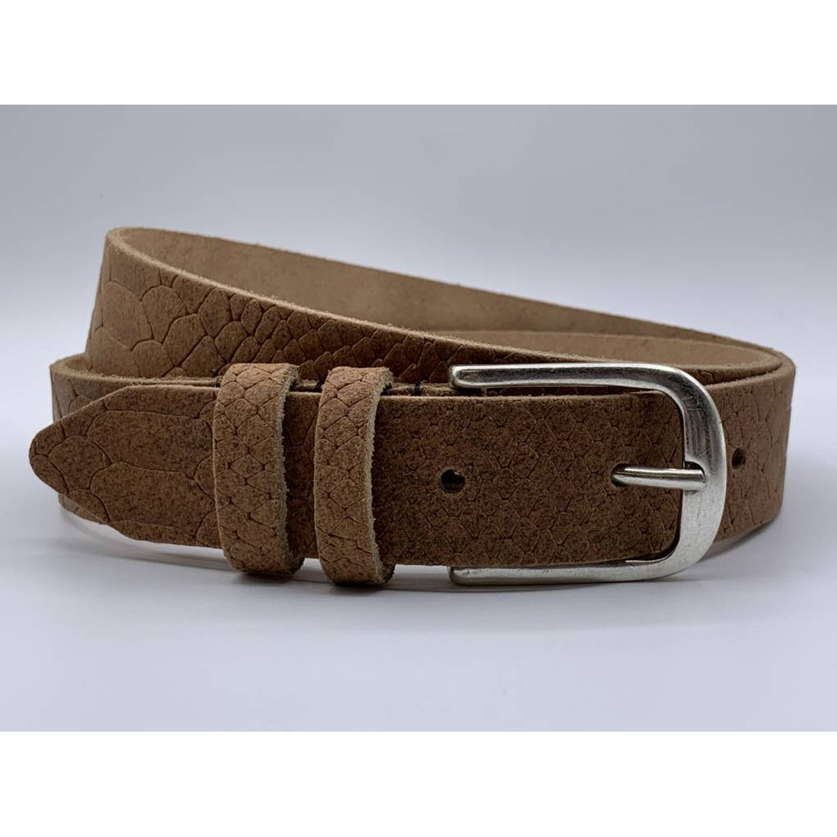 Trendy cognac damesriem met slangenprint.