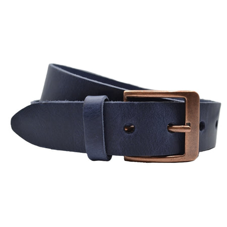 blauwe italiaans volnerf lederen riem met bronzen gesp