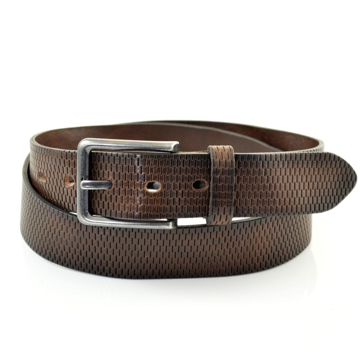 Bruin 3,5cm brede riem gemaakt van Italiaans leer met een mooi patroon.  Met een zwarte gesp.
