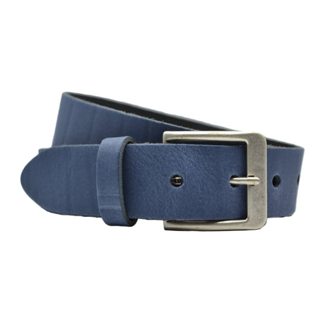 Blauwe goedkope 4cm brede split echt leren riem.