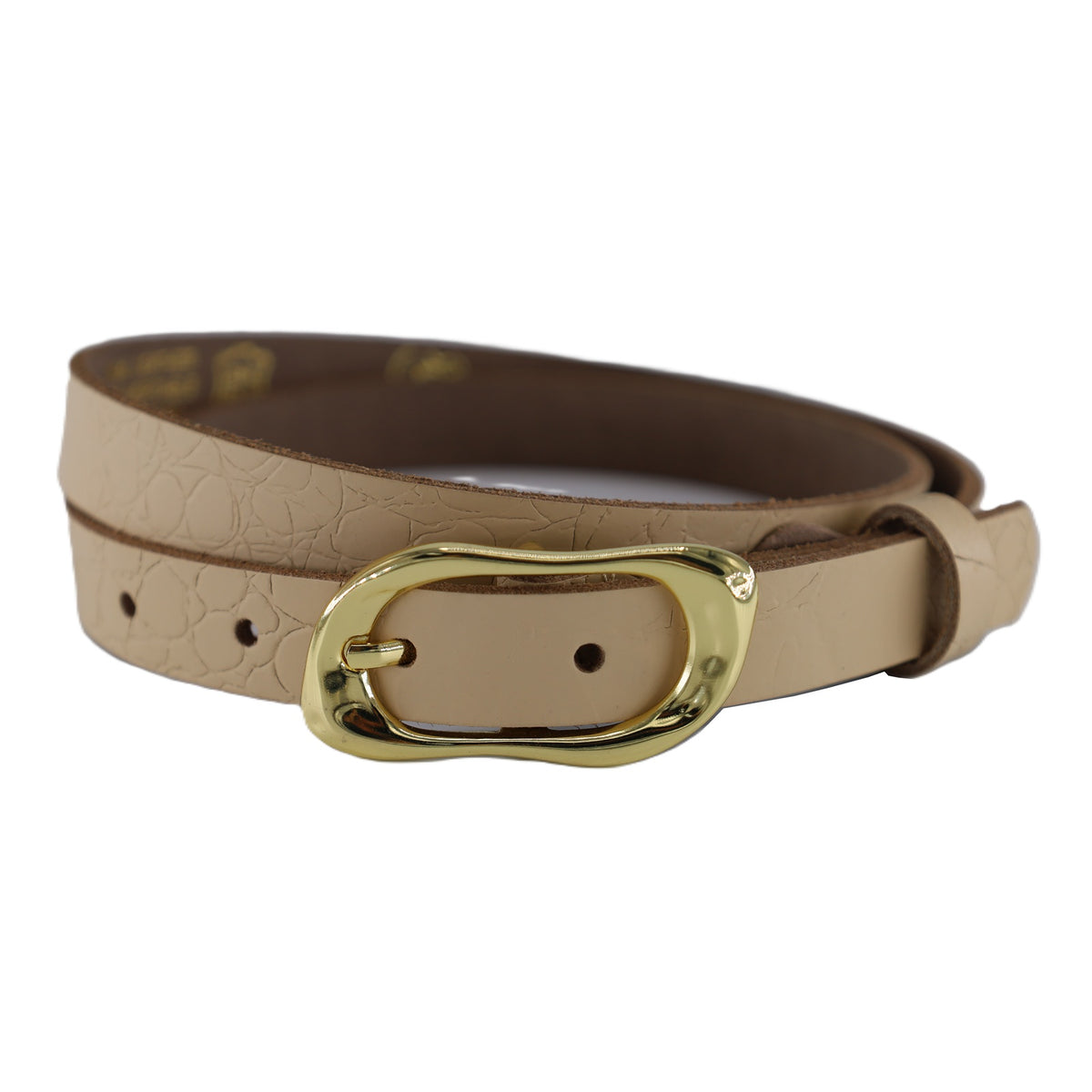 2cm brede beige riem met krokodillenprint. Afgewerkt met gouden gesp.