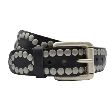 4cm brede zwarte riem met oud zilveren grote studs